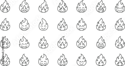 A collection of line art flame icons, some with smiling faces, representing the duality of fire as both a source of warmth and a symbol of destruction, isolated on white background