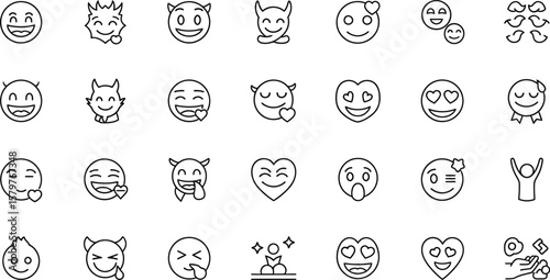 A diverse set of line art emoji icons expressing a range of emotions, from happiness to mischief