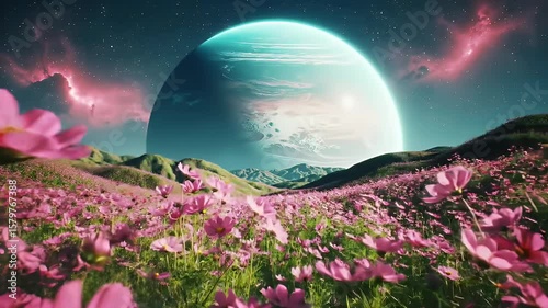 Field of Pink Cosmos Flowers under a Starry Sky with Large Glowing Planet in Background