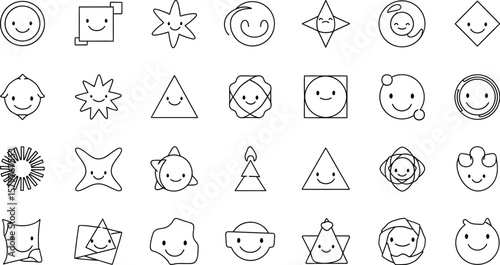 A diverse array of geometric shapes, each adorned with a cheerful smiley face, creating a playful set of icons