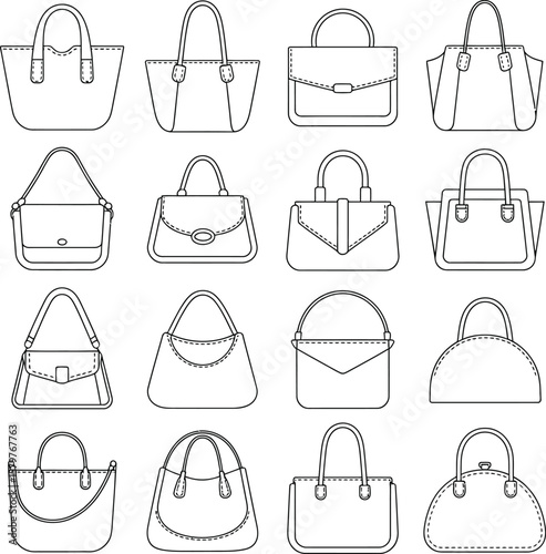 Collection of various handbag styles in a clean outline drawing on a white background
