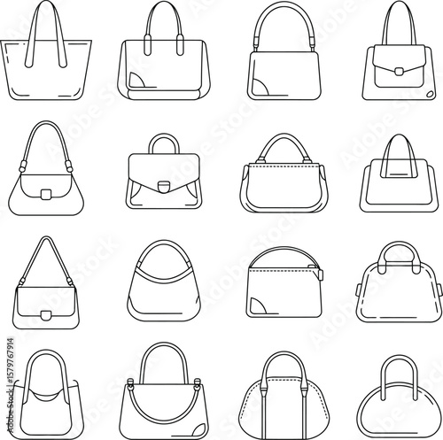 Collection of various women s handbags and purses in a clean line art style