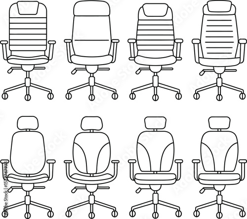 Collection of eight different office chairs in a line drawing style