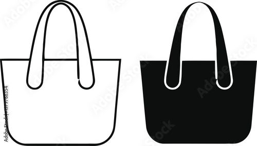 Simple outline and solid silhouette of a tote bag on white background