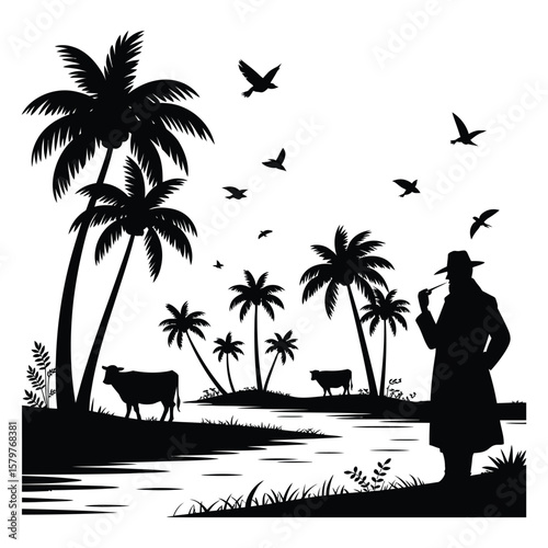 Silhouette of Man with Pipe Near Palm Trees and Cows