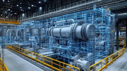 Industrial Machinery and Equipment in Grid Pattern with Valves Digital twin technology creates virtual replicas