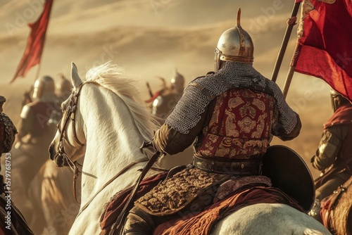 Medieval knights on horseback in full armor with red flags Close-up Ancient Chinese soldiers rode horses