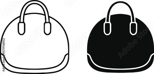 Two stylized icons of a duffel bag one outlined and one solid black