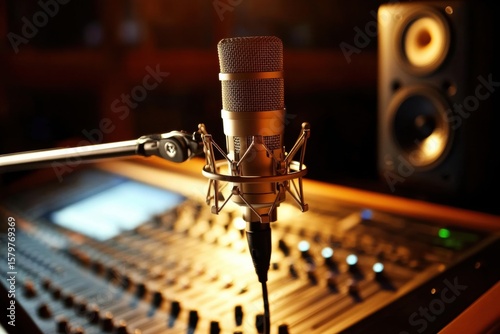 Professional microphone setup in recording studio with mixing console, speaker, Condenser golden