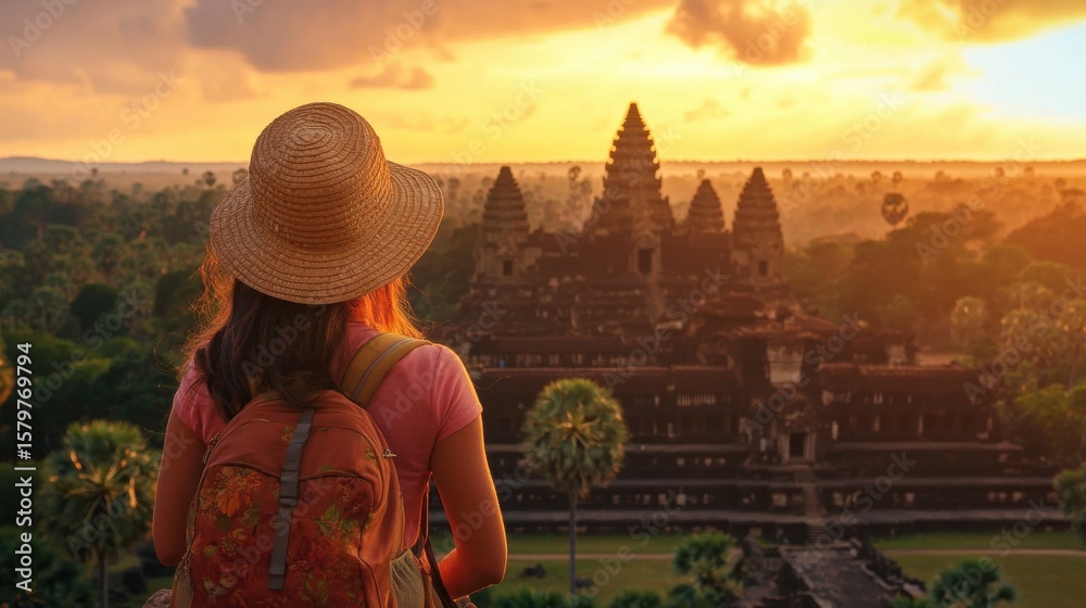 Fototapeta premium Serene Woman in Straw Hat on Cliff Overlooking Angkor Wat Travel enthusiasts seek adventure and new