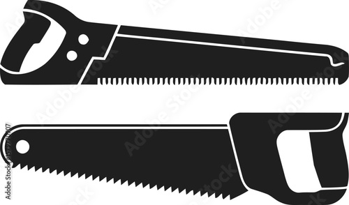 Two black silhouette hand saws with sharp teeth and ergonomic handles on a white background