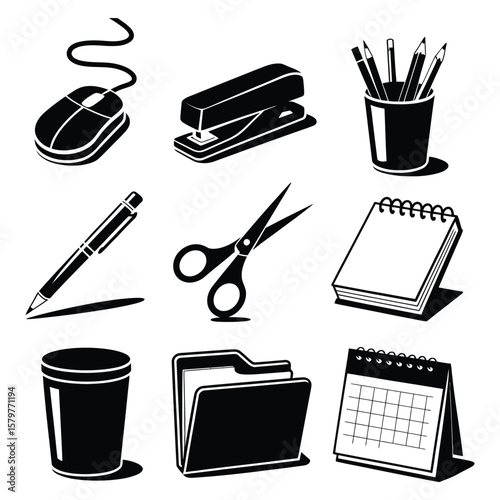 Black and White Office Supplies Illustration Set stationery
