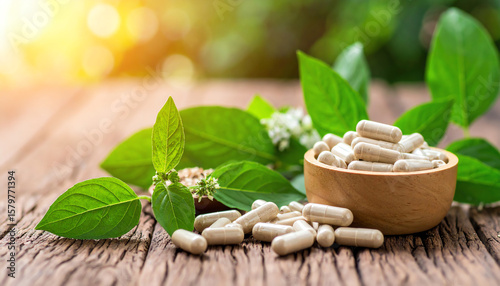 Natural capsules are arranged beside fresh green leaves on a rustic wooden surface, illuminated by soft sunlight, suggesting health and wellness