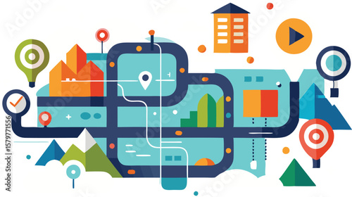 A comprehensive collection of colorful route map illustrations, featuring navigation pins, winding paths, and stylized landscapes to indicate travel and destination