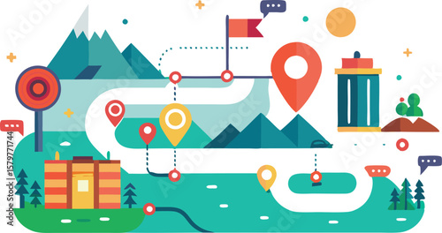 A comprehensive collection of colorful route map illustrations, featuring navigation pins, winding paths, and stylized landscapes to indicate travel and destination