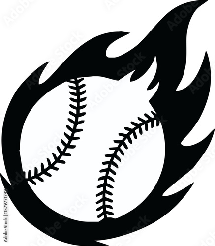 Fiery baseball engulfed in flames, intense graphic design.