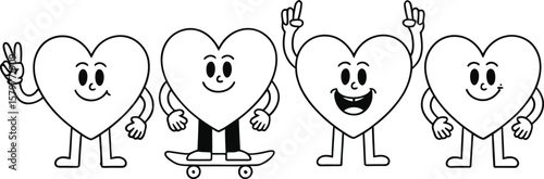 Four cartoon hearts with faces and limbs one skateboarding one giving peace sign