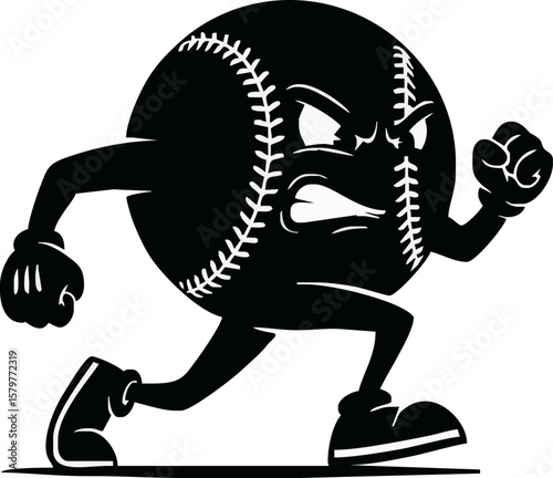 A cartoon baseball character is running with an angry expression, ready to compete.