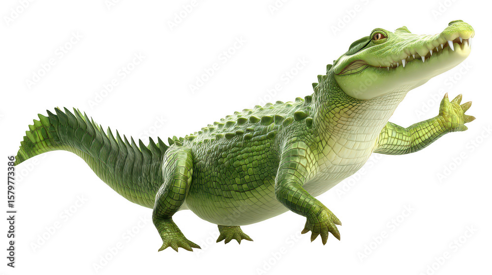 Fototapeta premium A cute cartoon alligator with green scales strikes a friendly pose, isolated on white, showcasing its playful expression and detailed animation style.