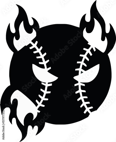 A stylized black and white baseball design with flames and a fierce expression.