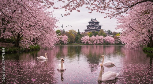 Fototapeta Naklejka Na Ścianę i Meble -  Pink cherry blossoms and swans on a pond