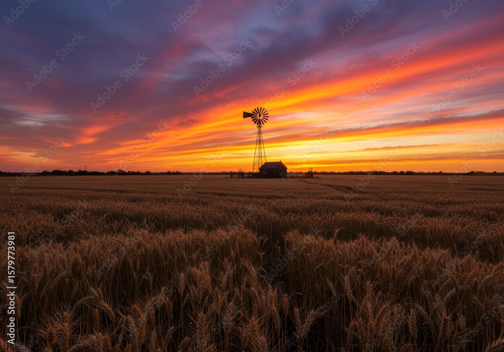 Obraz premium Silhouetted windmill stands in golden wheat field at vibrant sunset.