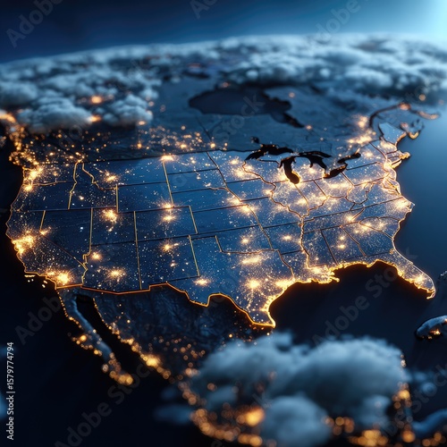 North America at night, lit cities