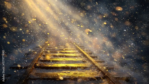 Golden railway track, snow, light beams