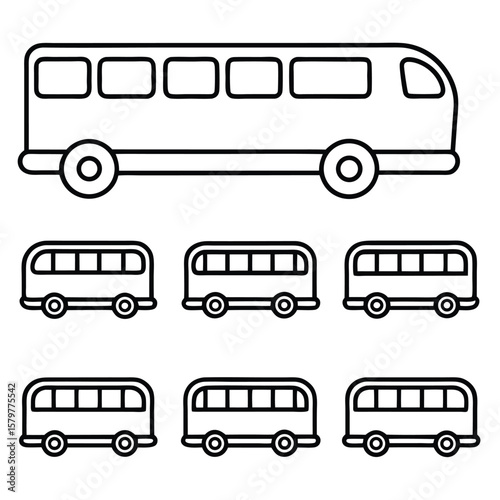 Black line art bus icons transportation vehicle