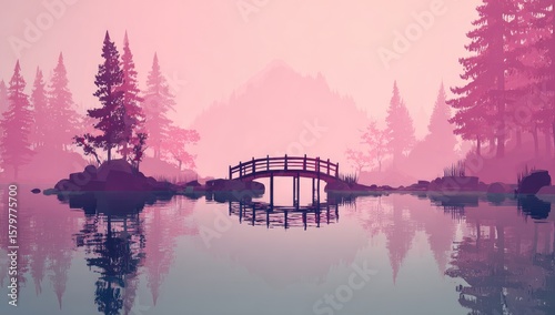 Pink-hued misty forest lake scene with bridge reflection