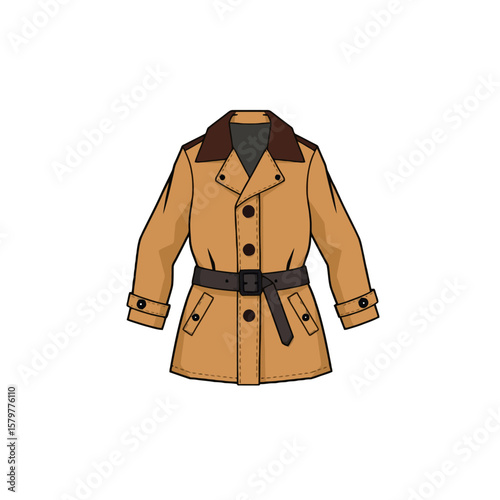 Classic tan trench coat with belt and dark collar isolated on white background