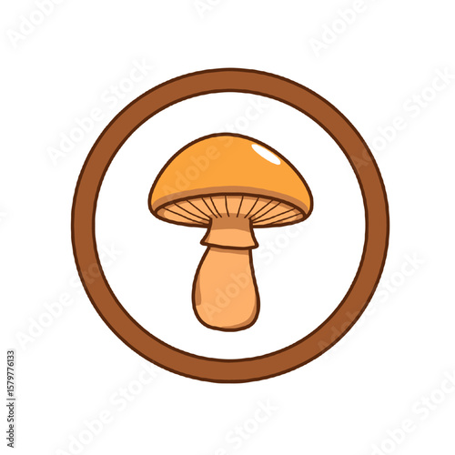 Cute cartoon mushroom in a brown circle isolated on white background