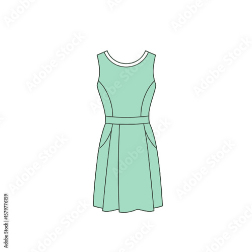 Simple sleeveless mint green a line dress with belt and pockets isolated on white background