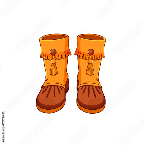 Pair of cartoon moccasin boots with tassels and fringe isolated on white background