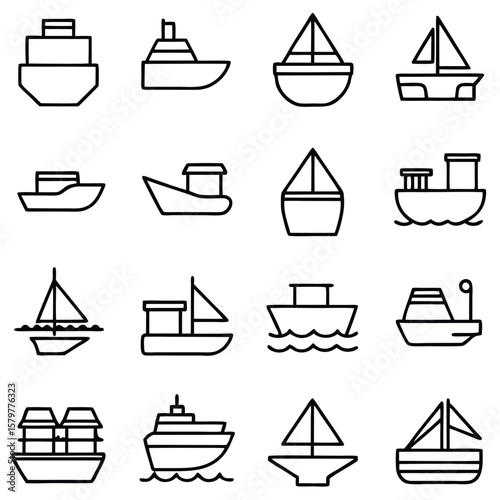 Various watercraft vessels in simple line art boat