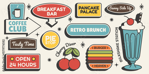 Retro sticker set. Diner signs with coffee, brunch, burgers and desserts. Food and cafe labels in mid century 50s style. Vector illustration in vintage palette
