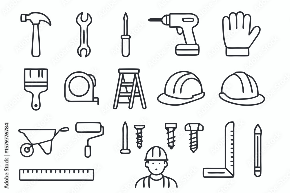 Obraz premium Construction tools vector icon set, featuring hammer, wrench, and safety helmet graphic elements