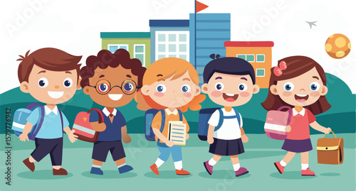 A colorful and playful collection of diverse school children engaged in various activities, often with school-related objects and playful background