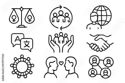 Modern vector icons representing global diversity and interconnectedness for social concepts