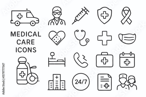 Healthcare Medical Icons Set: Ambulance, Doctor, Medical Symbols and Instruments Illustrations
