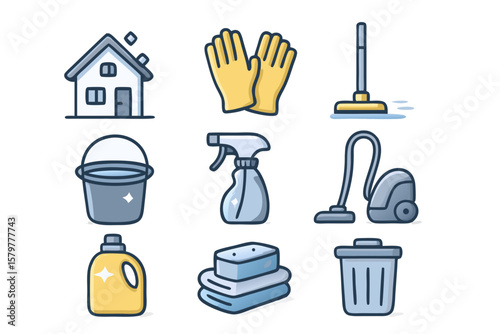 Cleaning service supplies vector icons, house care, housekeeping, vector illustration on black