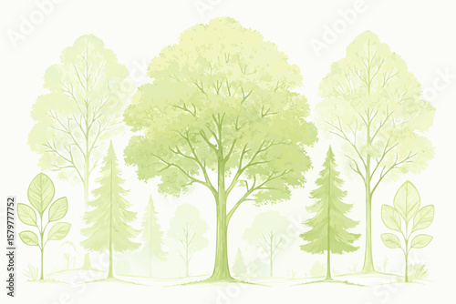 Watercolor forest scene illustration of trees with artistic drawing style