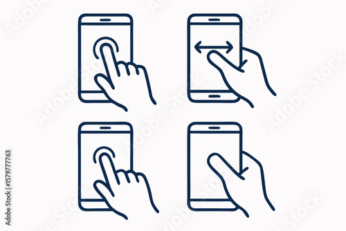 Smartphone touchscreen gestures with different hand movements and touch screen interface icons