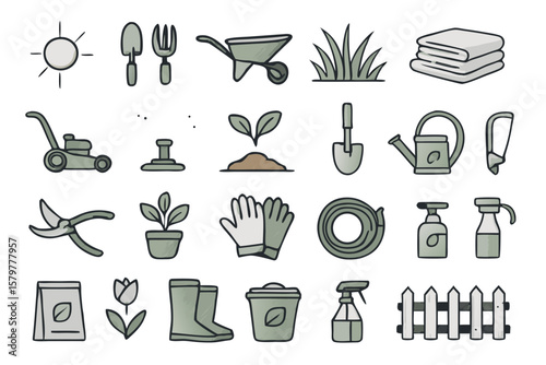 Collection of Gardening Tools and Equipment Icons on A Black Background
