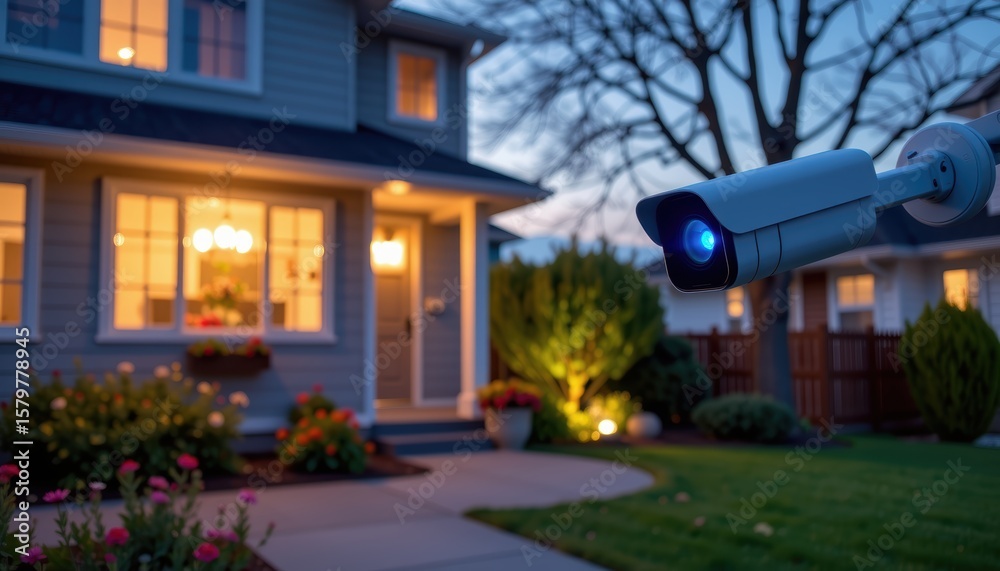 Obraz premium Home exterior with security camera at twilight, showcasing a well-lit garden.