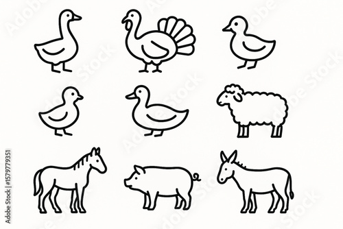 Farm Animals Line Icon Set – Thin Linear Vector with Goose, Turkey, Chick, Duck, Sheep, Horse, Pig, Donkey and Ox Symbols
