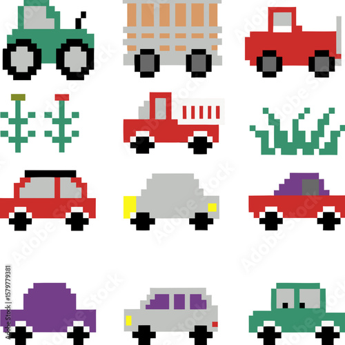 Ensemble d'icônes en pixel art sur fond noir, représentant divers véhicules colorés comme des voitures, un camion de pompiers, un train, et quelques éléments végétaux