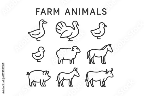 Farm Animals Line Icon Set – Thin Linear Vector with Goose, Turkey, Chick, Duck, Sheep, Horse, Pig, Donkey and Ox Symbols