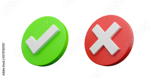 Realistic right and wrong answer 3D icon. Correct and incorrect icons with check mark, Yes No signs. 3D glass accept and rejection. Green and red checkbox mistake Graphic illustration icon set.