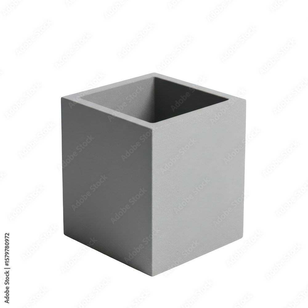Fototapeta premium Minimalist gray concrete planter with a clean square design against a white backdrop